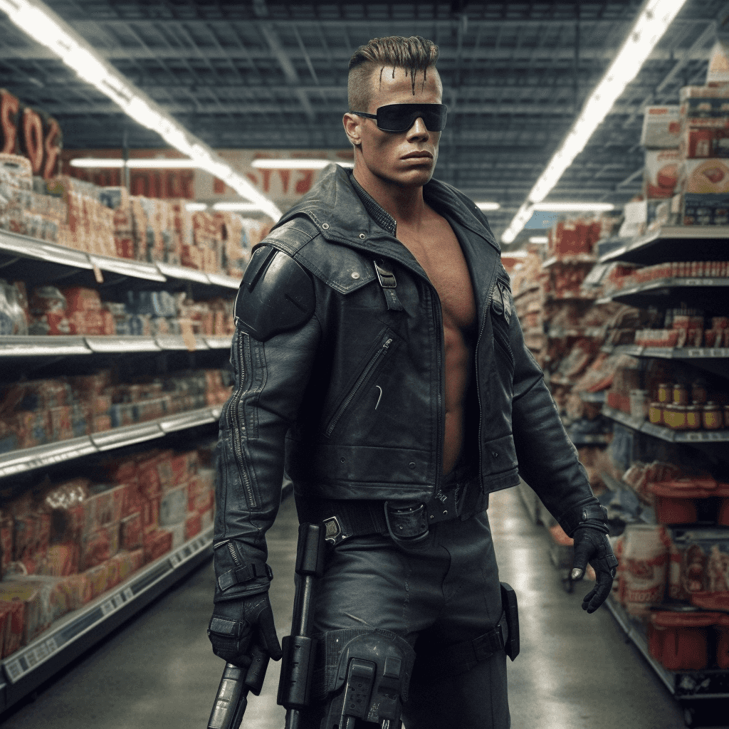 An image of a terminator at the supermarket - generated with midjourney